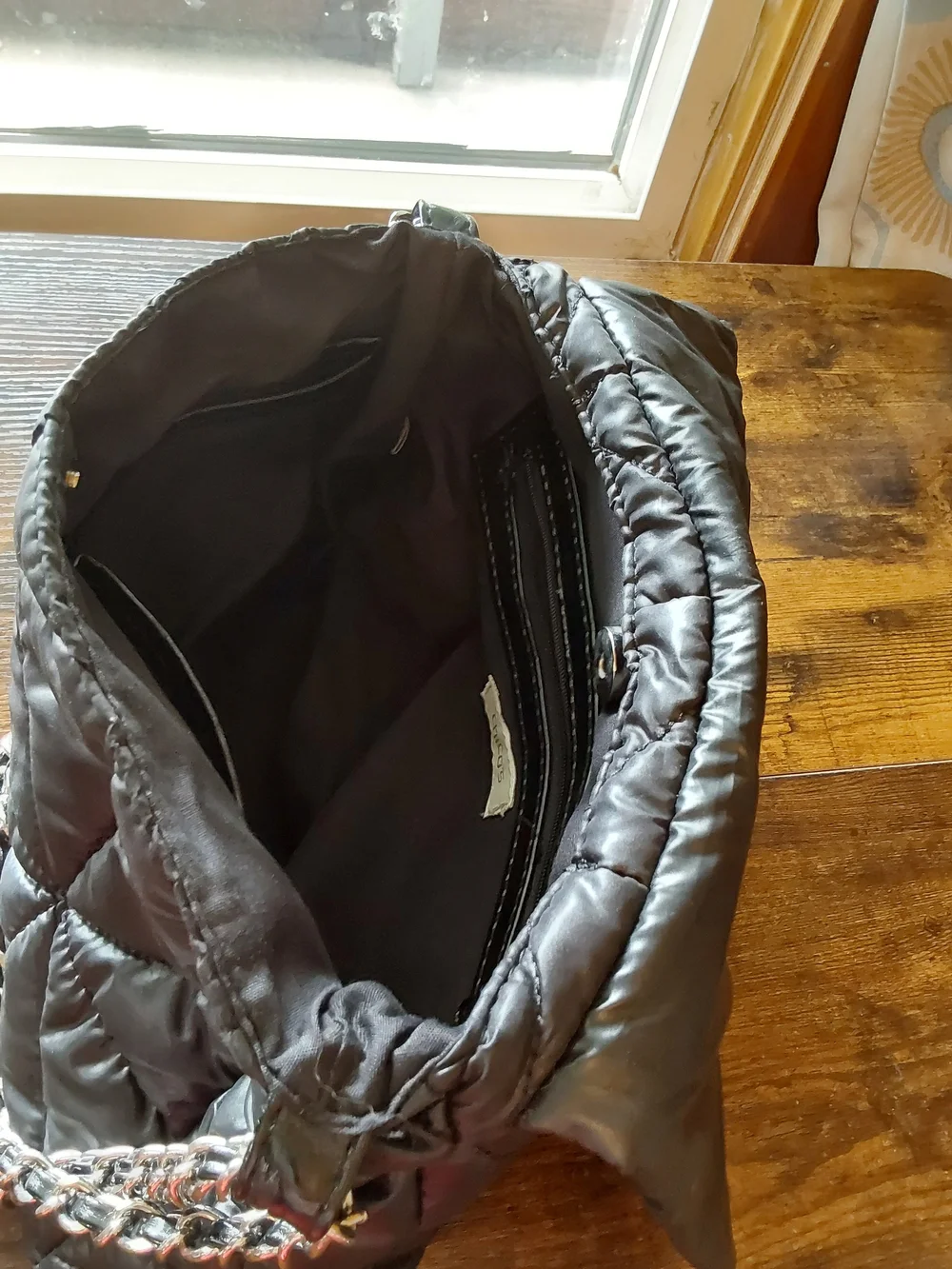 Chico's Quilted Black Shoulder Bag with Silver Chain